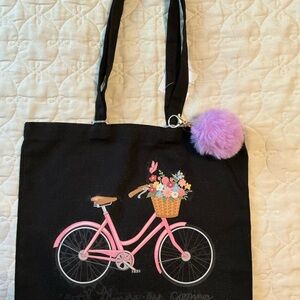 Black Tote Bag with Pink Bicycle Print and Lavender Pom Pom